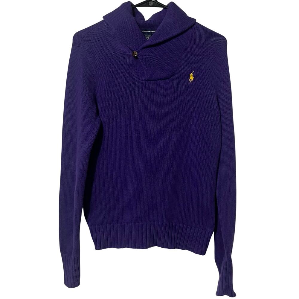 Ralph Lauren Sport Women's M Shawl Collar Sweater purple Yellow Pony Pullover